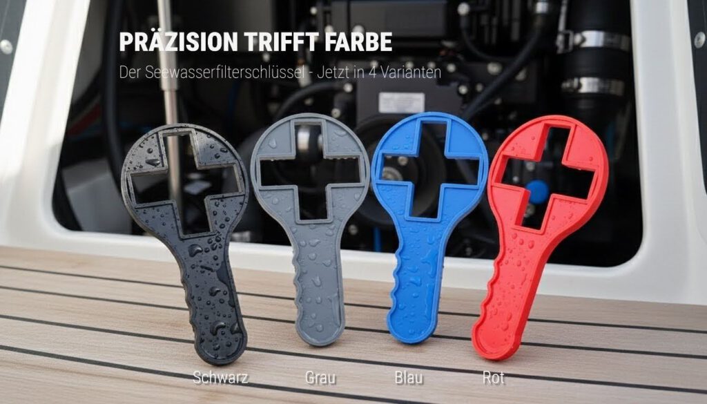 Vier farbige Seewasserfilterschlüssel (schwarz, grau, blau, rot) aus dem 3D-Drucker auf einem Schiffsdeck.