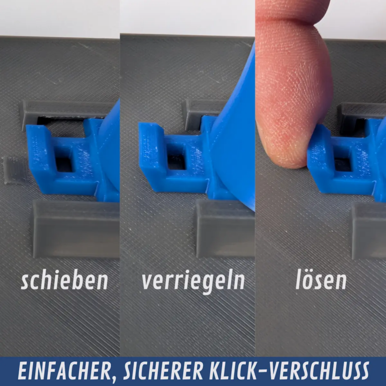 Dreiteilige Bilderserie zur Funktionsweise des Klick-Verschlusses beim Knotenbrett. Die Schritte zeigen: Schieben, Verriegeln und Lösen des blauen Verschlussmechanismus per Fingerdruck. Text unten: „Einfacher, sicherer Klick-Verschluss“.