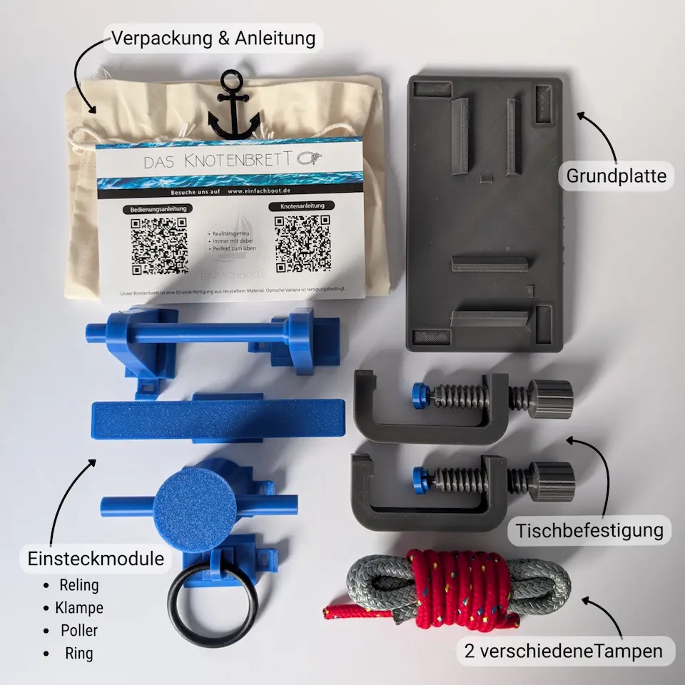 Knotenbrett-Set von einfachboot mit Grundplatte, Übungsanleitung und Beutel für SBF-Knoten.